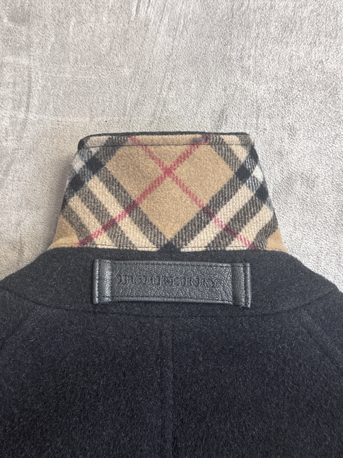 Burberry Black Lana Wool Nova Check Lined Single Breasted Peacoat