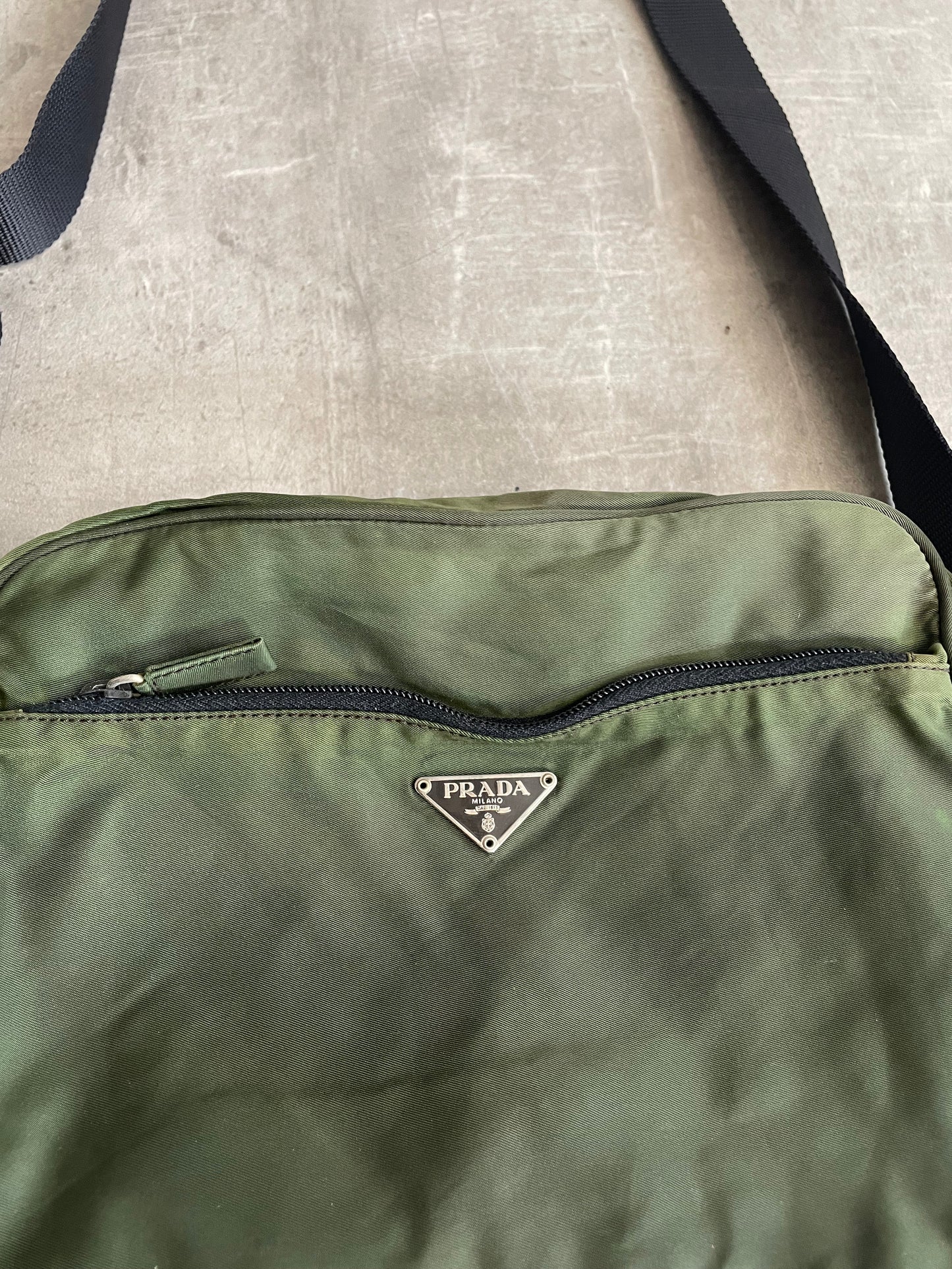 Prada Logo Plaque Khaki Nylon Crossbody Bag