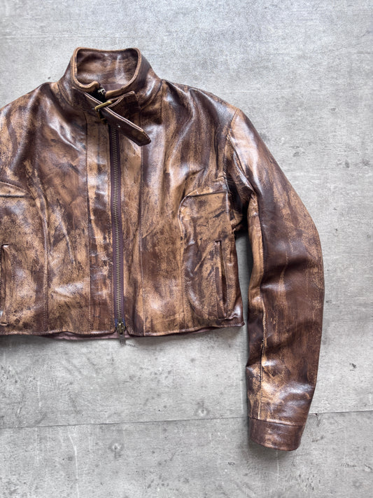 VT Rework: Cropped Throat Latch Hand Painted Brown Leather Jacket
