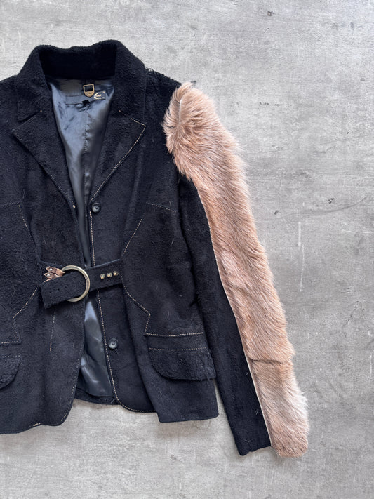 Just Cavalli Fur Sleeve Suede Leather Belted Blazer