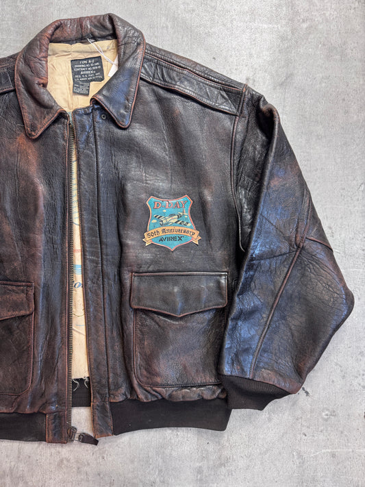 Avirex D-Day 50th Anivversary Brown Leather A2 Painted Bomber Jacket