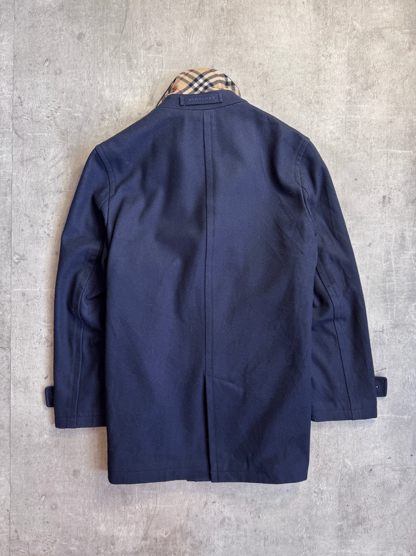 Burberry Navy Nova Check Double Breasted Pea Coat