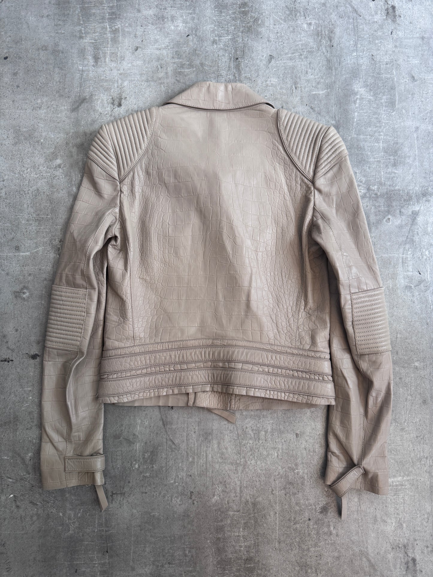 Roberto Cavalli Taupe Embossed Crocprint Leather Biker Jacket
