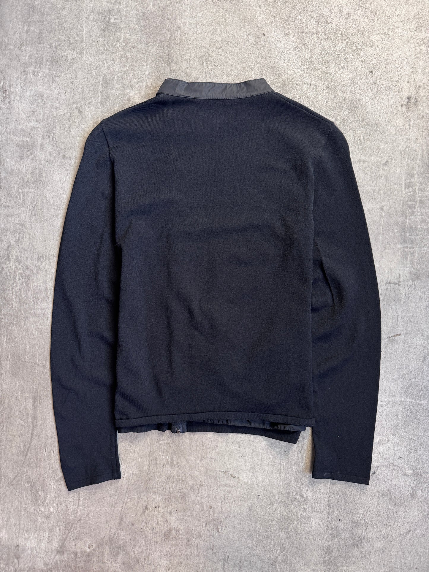 Prada Black Knit Asymmetric Zip Up Nylon Trim Cardigan