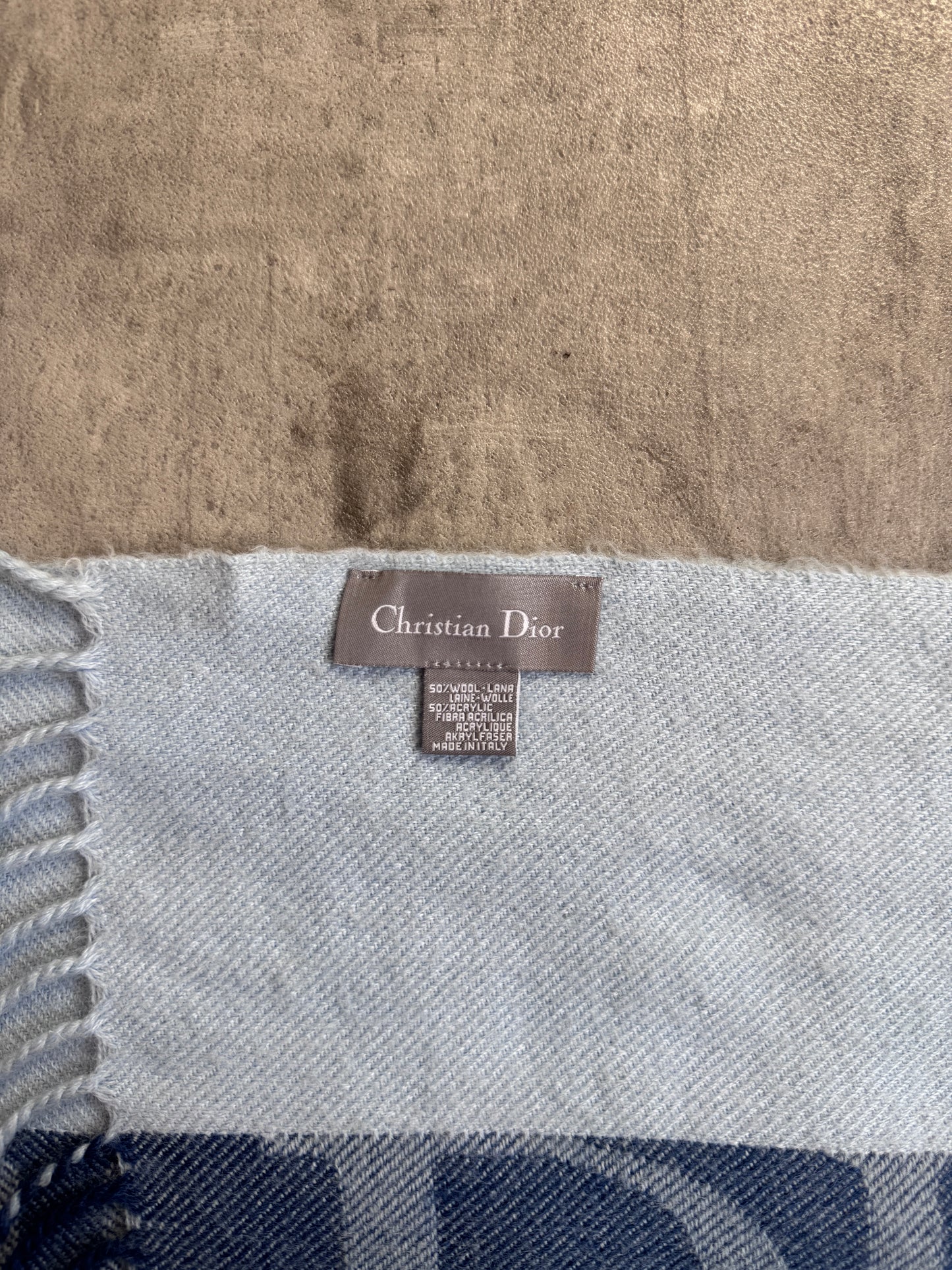 Christian Dior Pale Blue Colour Block Logo Wool Blend Scarf