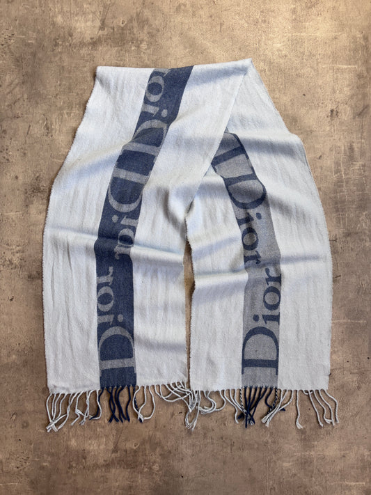 Christian Dior Pale Blue Colour Block Logo Wool Blend Scarf