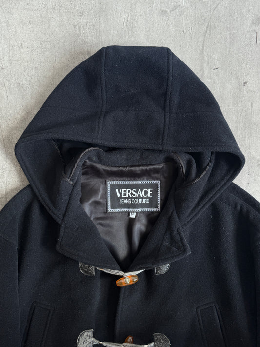 Versace Versus Black Wool Blend Logo Toggle Duffle Coat