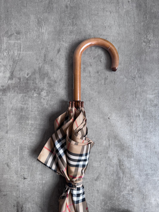 Burberry Beige Nova Check Brass Logo Plaque Handle Umbrella