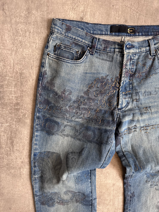 Cavalli Purple Floral Embroidered Denim Jeans