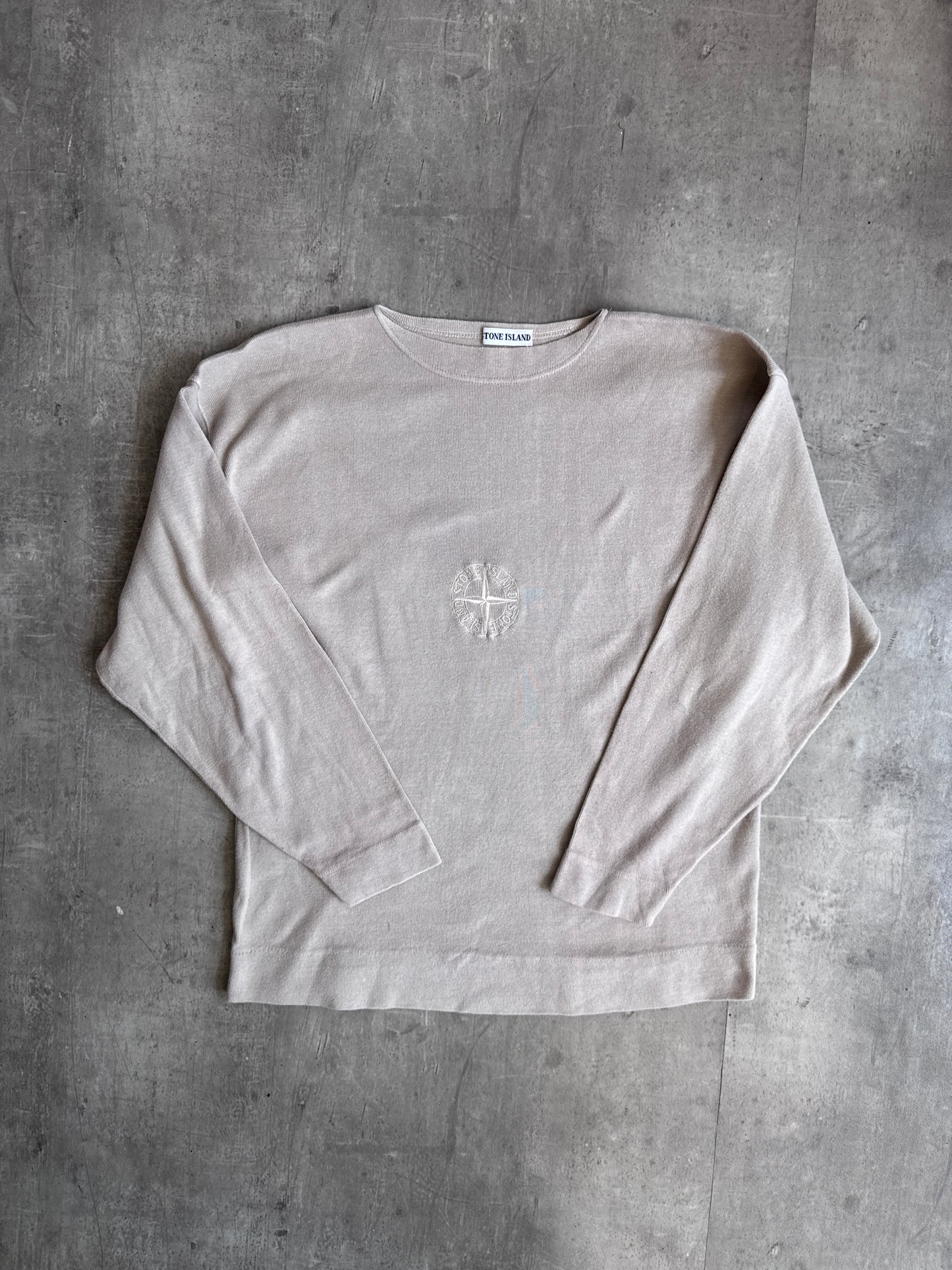 1990s Stone Island Beige Embroidered Compass Logo Boatneck Sweatshirt