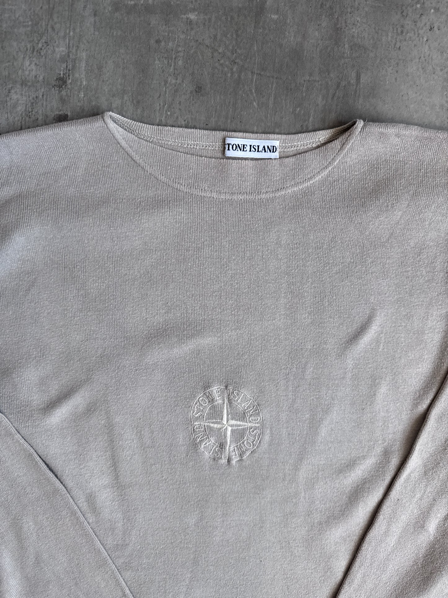 1990s Stone Island Beige Embroidered Compass Logo Boatneck Sweatshirt