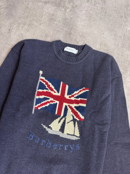 Burberry's 1990 Navy Knit Union Jack Embellished Crewneck