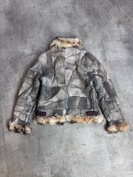 Avirex Type B-3 Grey Patchwork Leather Faux Fur Lined Shearling Coat