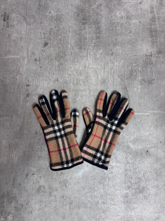 Burberry Beige Nova Check Wool Black Cotton Lined Gloves