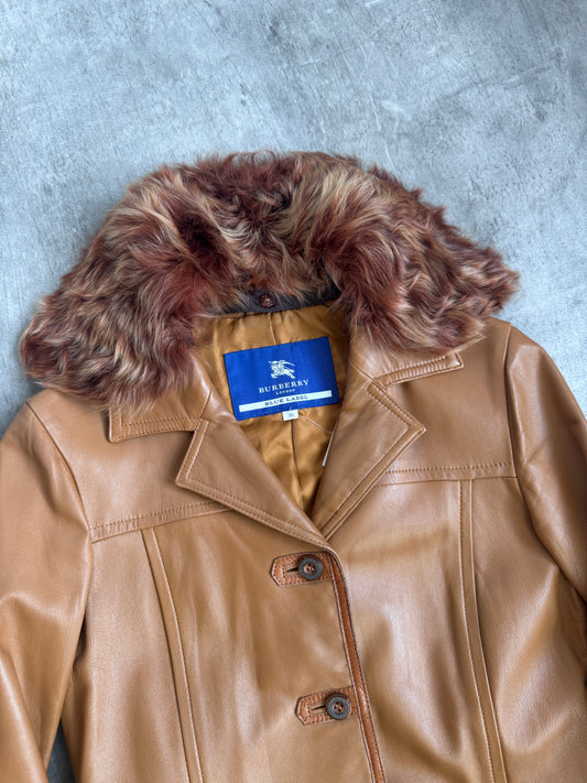 Burberry Blue Label Tan Leather Chichan Lamb Trim Coat