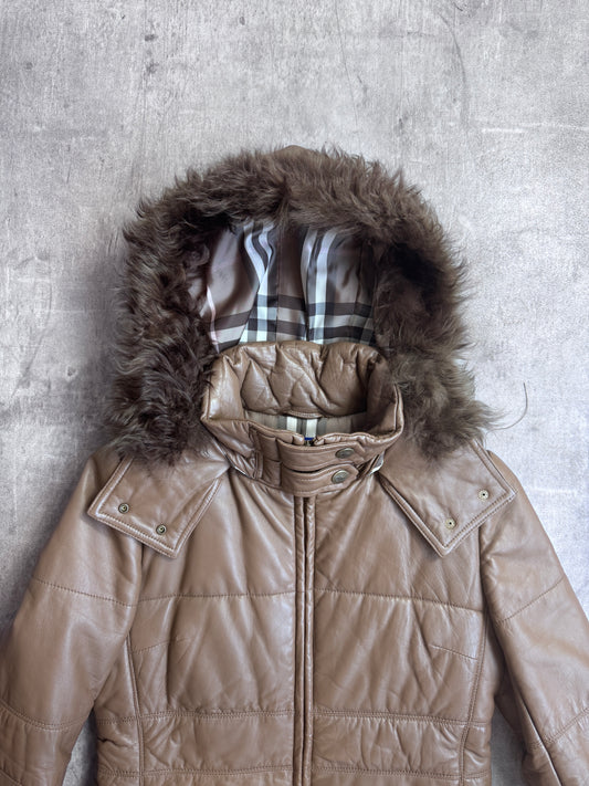 Burberry Mongolian Lambs Fur Trim Leather Quilted Parka