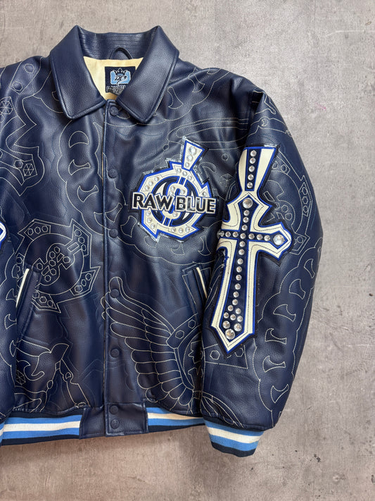 Raw Blue Navy Leather Bomber Jacket