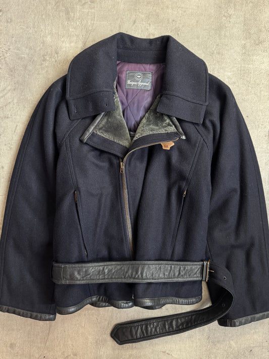 Giorgio Armani Unique Apparel 1980 Wide Double Collar Leather Belt Navy Wool Jacket