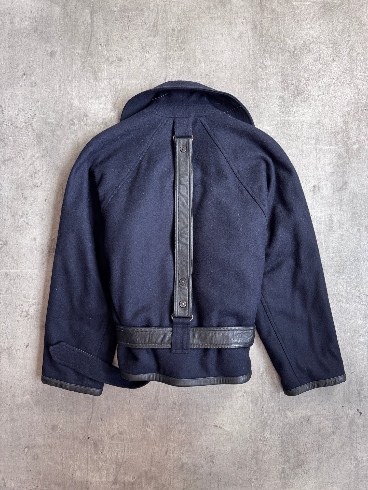 Giorgio Armani Unique Apparel 1980 Wide Double Collar Leather Belt Navy Wool Jacket