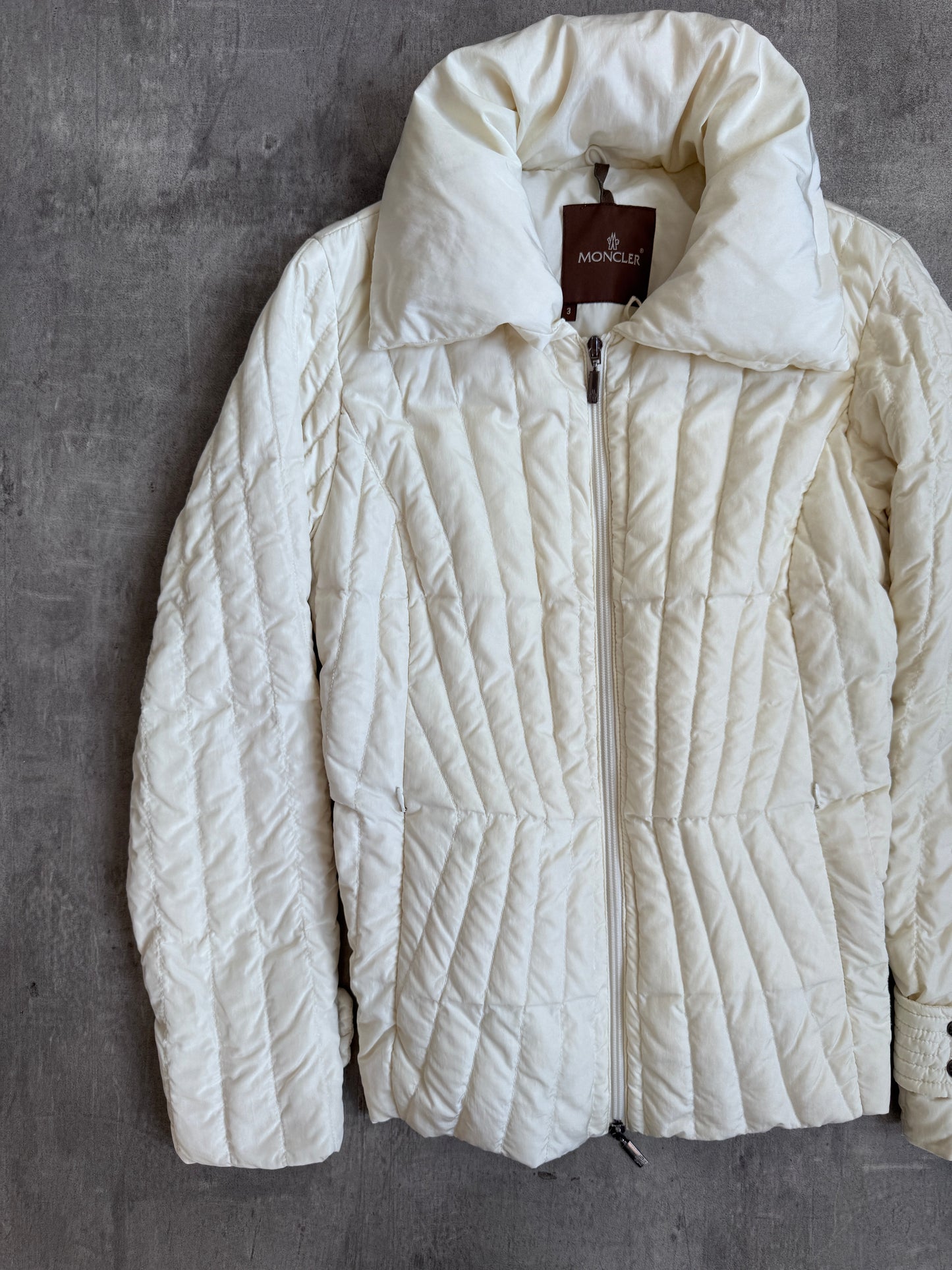 Moncler Cream Blanc Noir Panelled Notch Collar Puffer Jacket