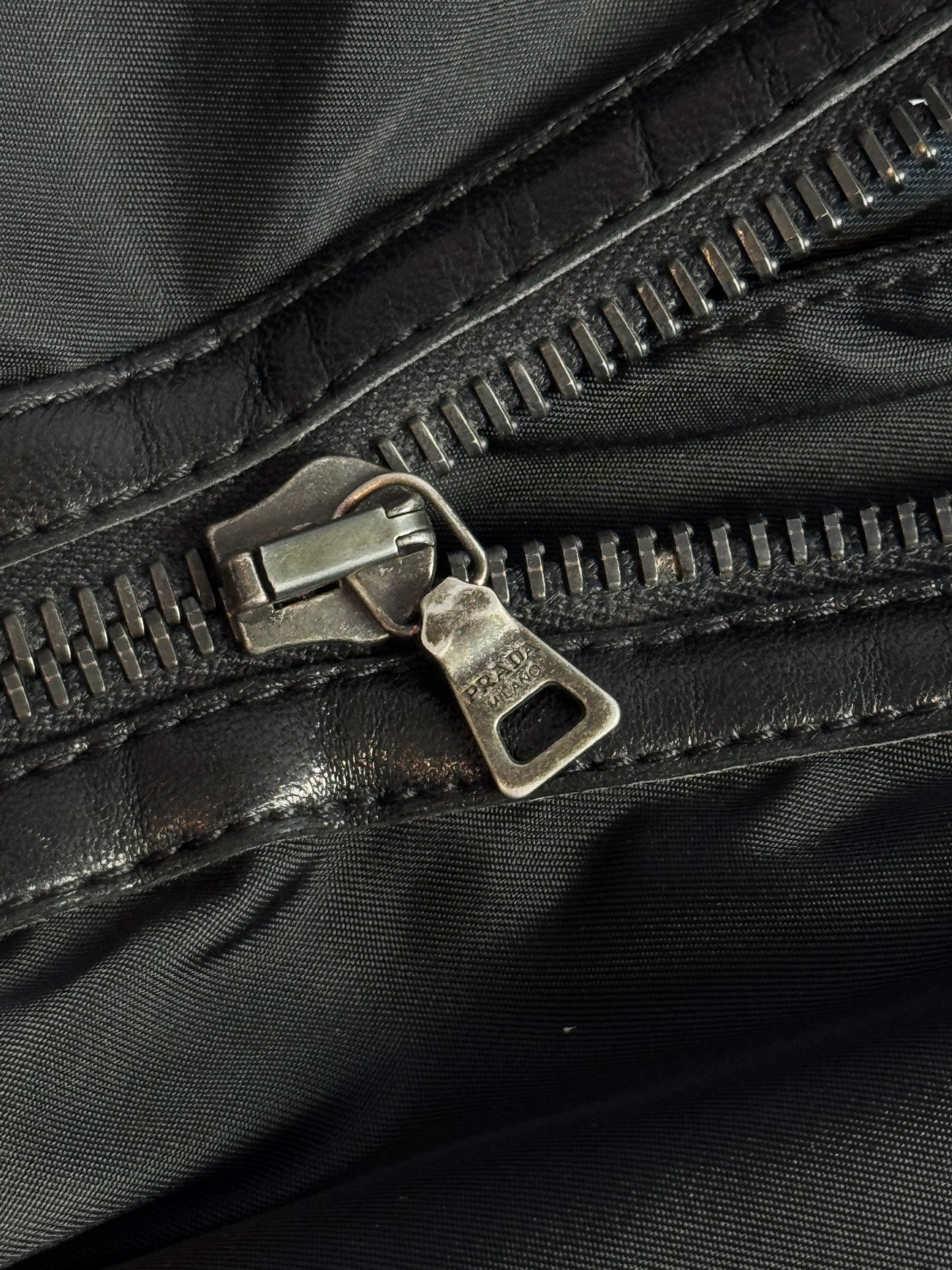 Prada Ribbed Leather Nylon Panelled Bomber Jacket