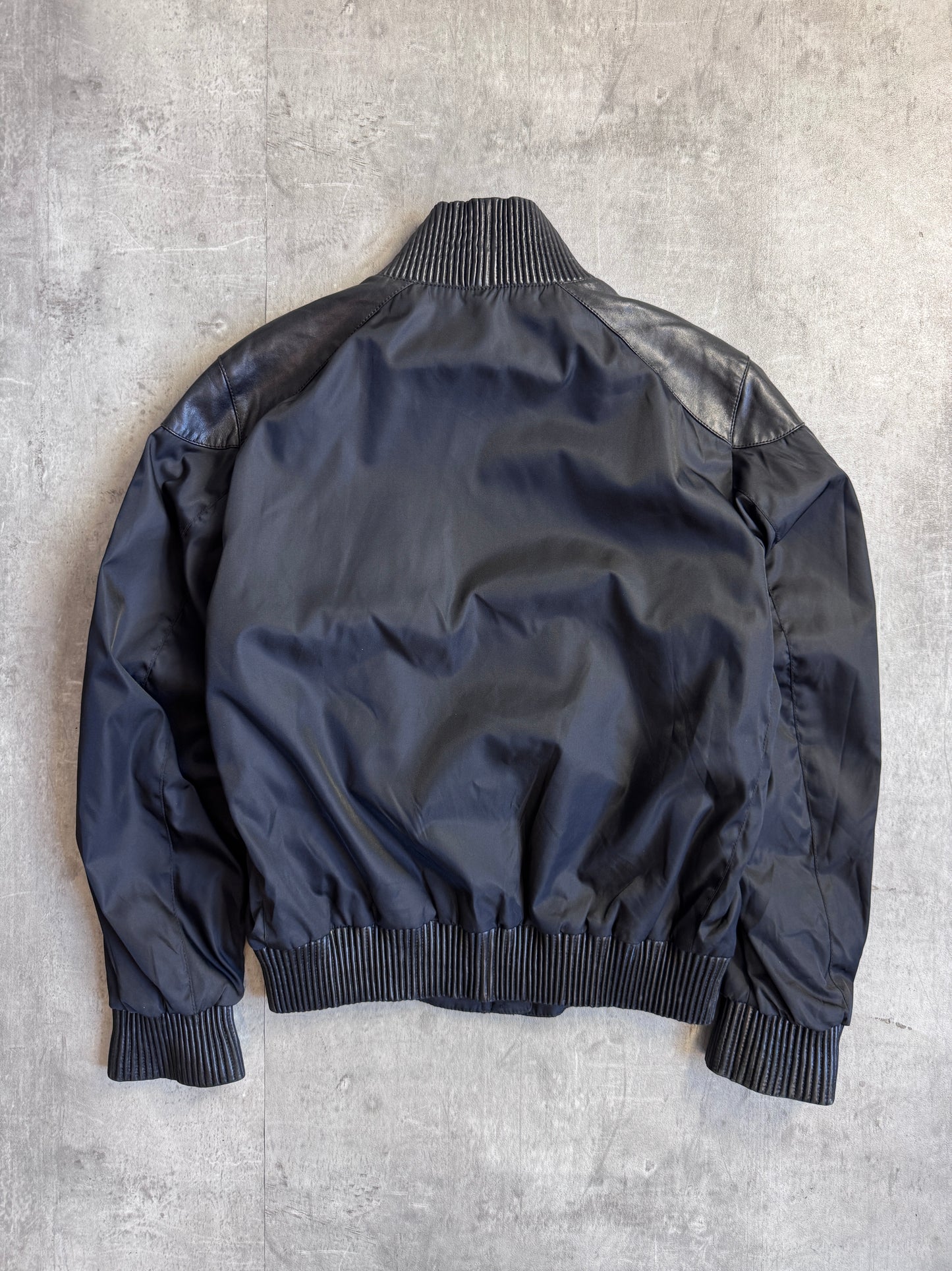 Prada Ribbed Leather Nylon Panelled Bomber Jacket