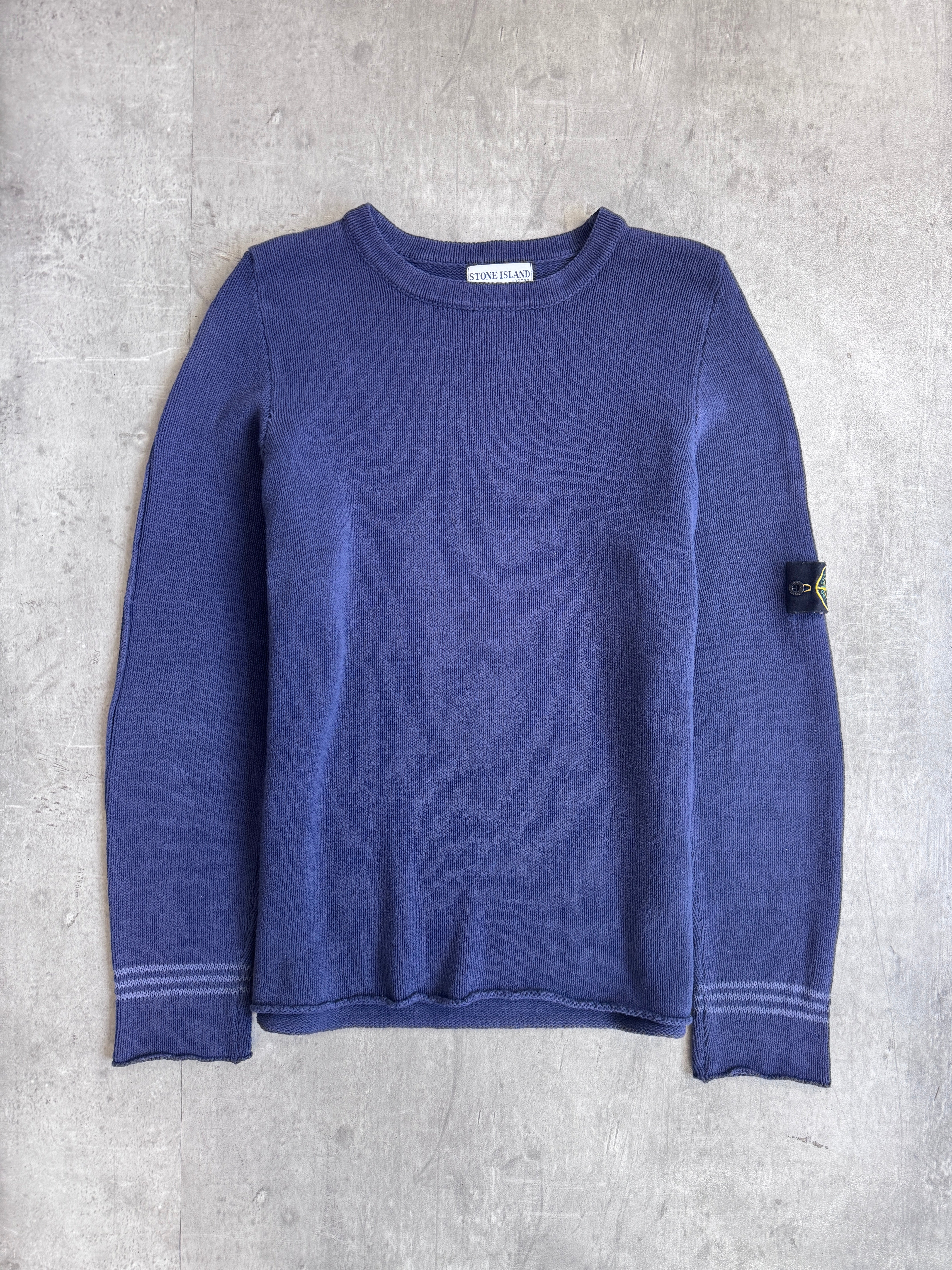 トップス 2003 STONE  DoubleZip Knit Sweat S/S 2003 Stone Island Washed Navy Knit Cotton Sweater – Vintage