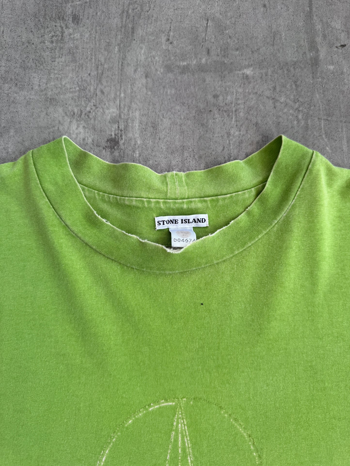 S/S 2002 Stone Island Lime Green Compass Embossed Thrashed Tee