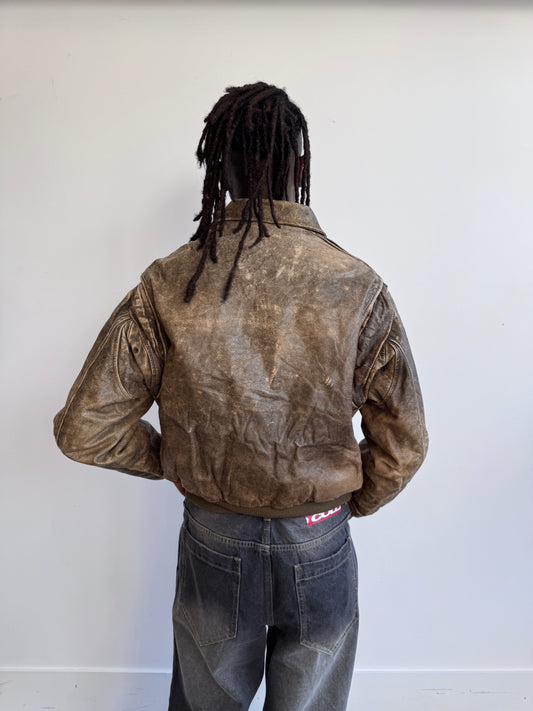 Top Gun Patch Embellished Map Lined Taupe Distressed Leather Bomber Jacket (SOLD AS SEEN)