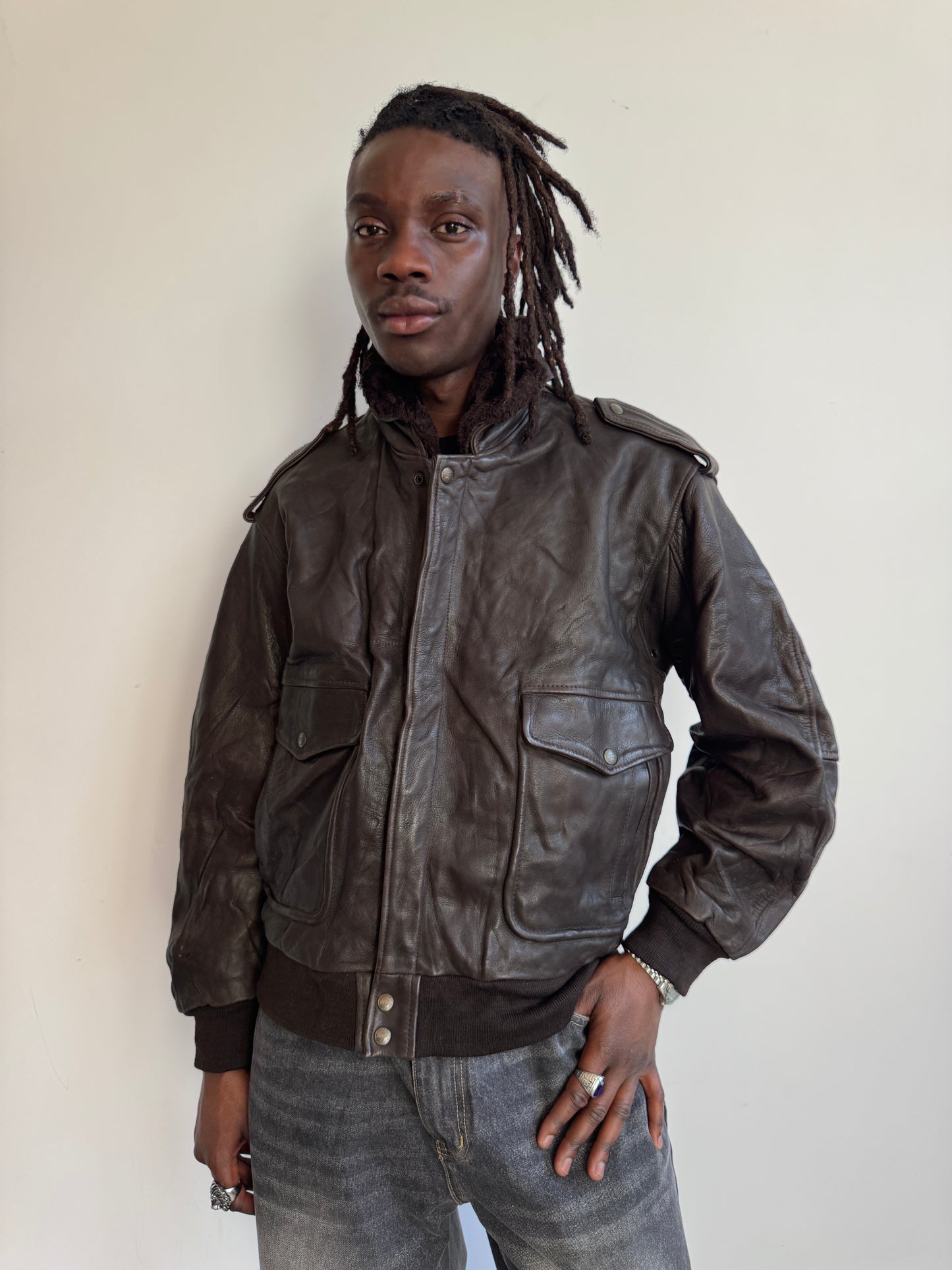 Konely Cuir Removable Lining Deep Brown Leather Bomber Jacket