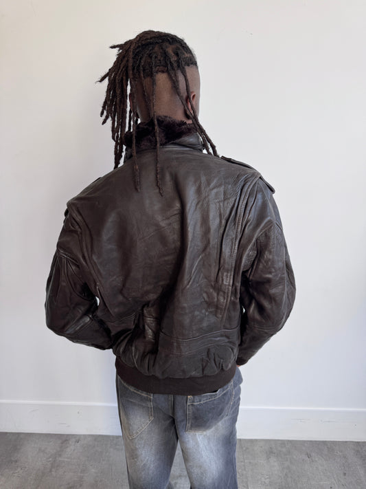 Konely Cuir Removable Lining Deep Brown Leather Bomber Jacket