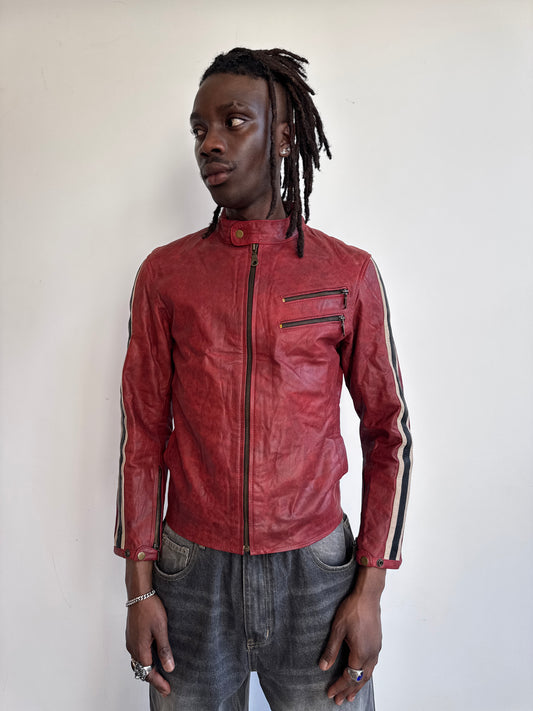 Racing Stripe Distressed Red Leather Motor Jacket