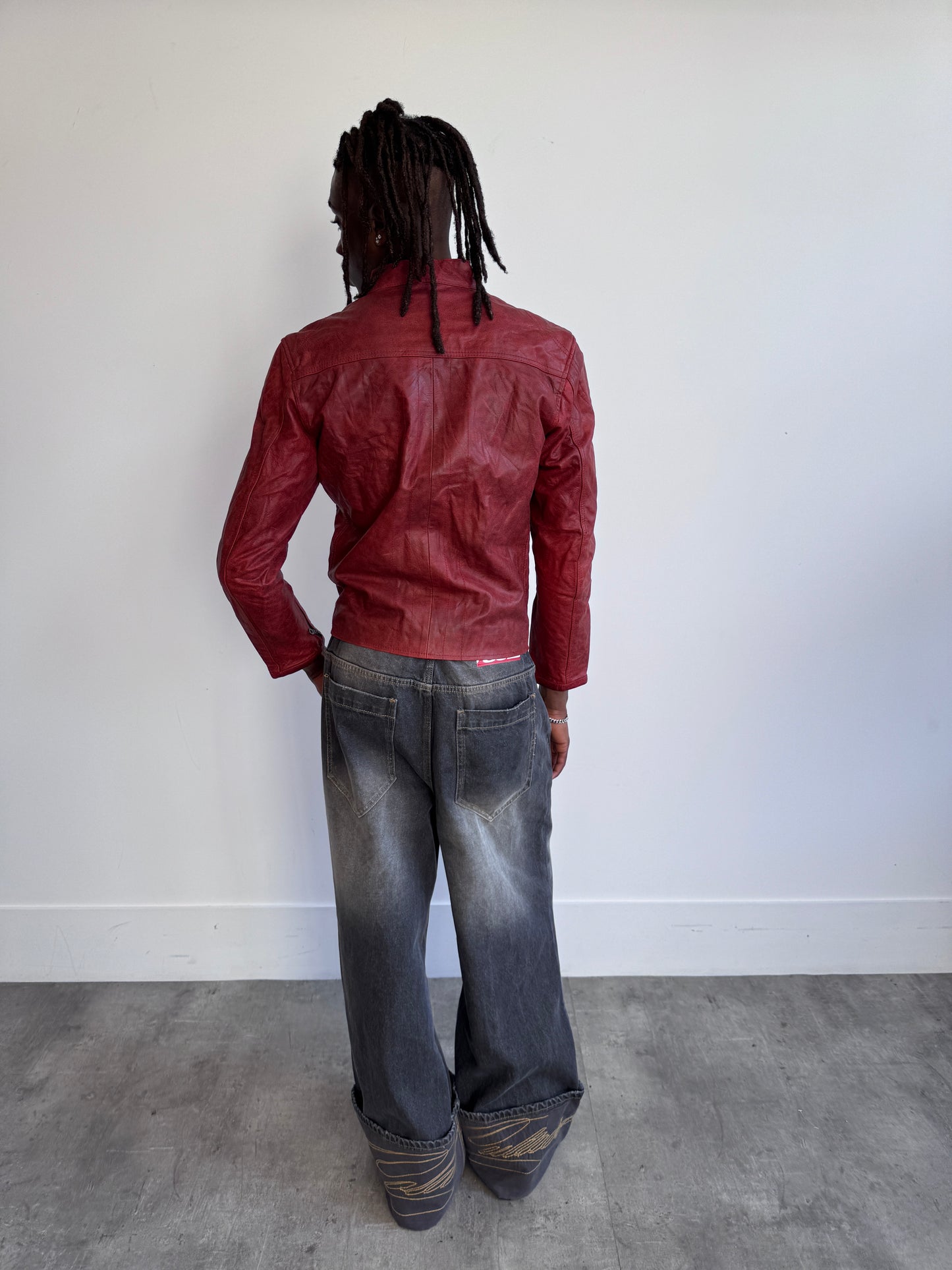 Racing Stripe Distressed Red Leather Motor Jacket