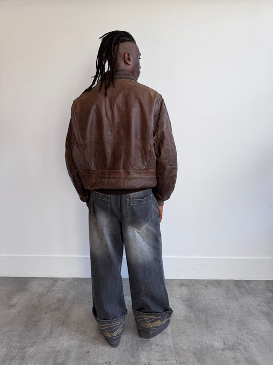 Whitcomb 1970's Buckle Fasten Distressed Taupe Leather Jacket