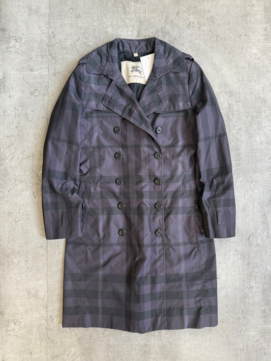 Burberry Purple Plaid Double Breasted Nylon Trench Coat (Sold As Seen)