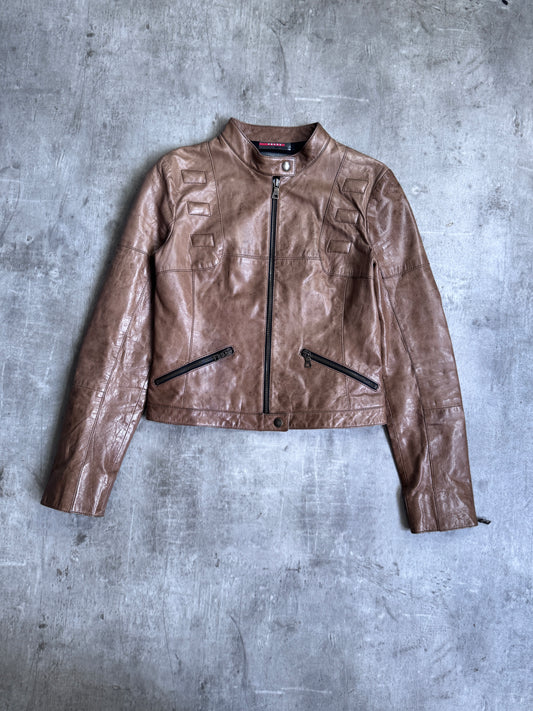 1990s Prada Multi Zip Brown Cropped Leather Jacket
