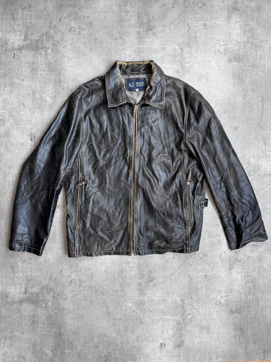 Armani Distressed Buckle Detail Leather Jacket
