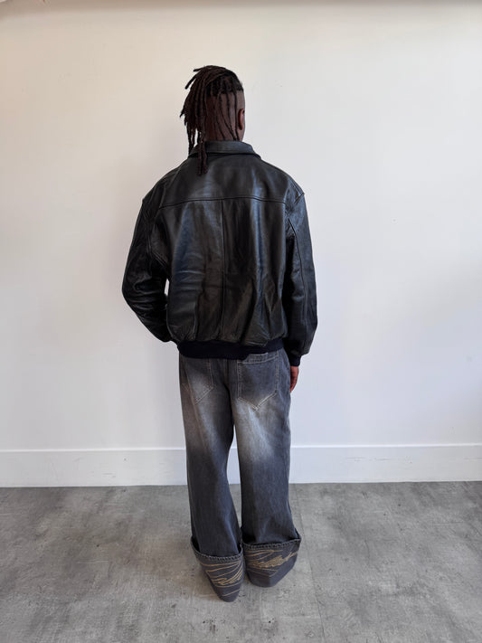 Mangoon 1990's Patch Embellished Black Distressed Leather Bomber