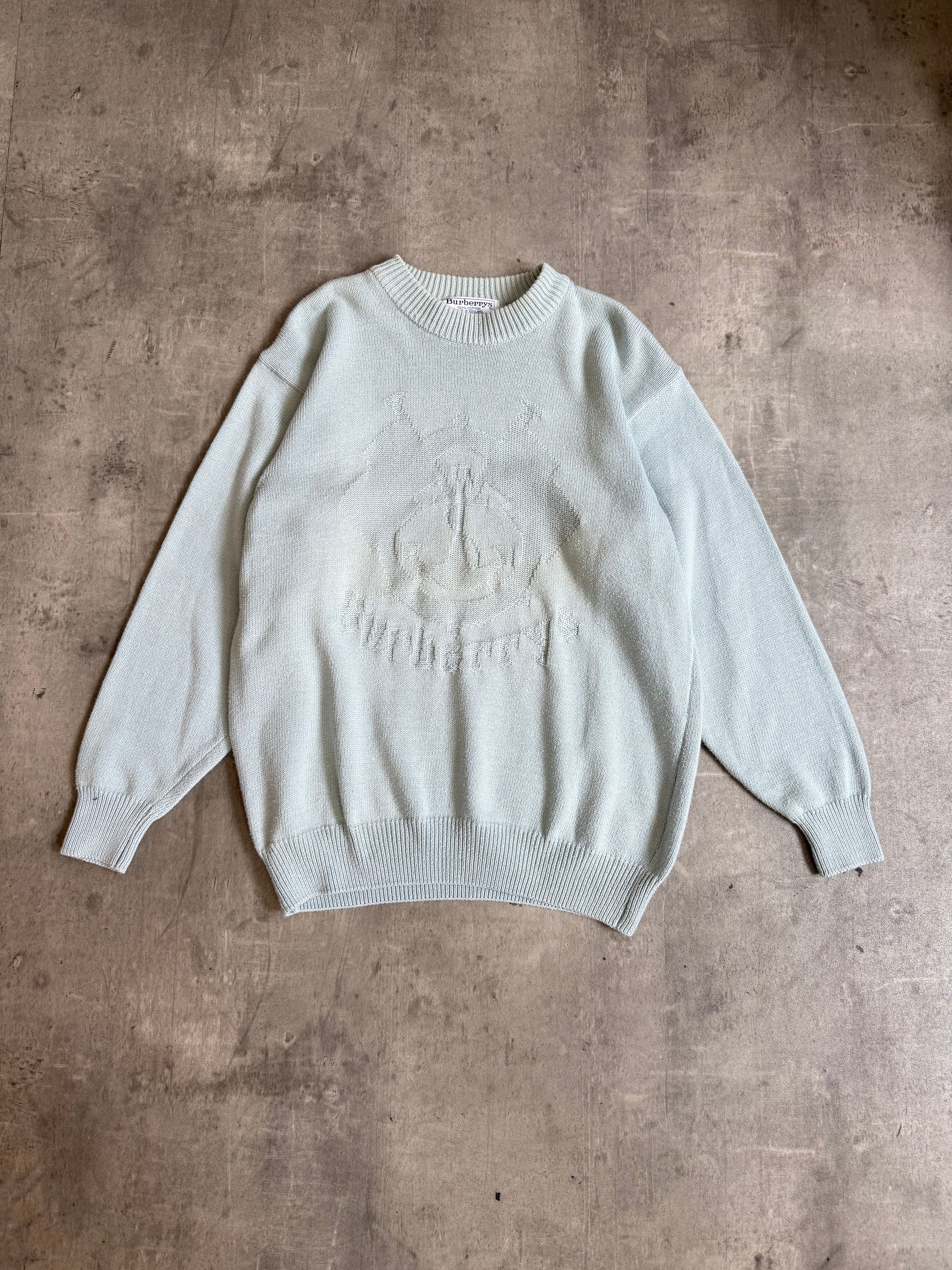 【BURBERRY BLUE LABEL】コットンニット 白 38 ウエスト絞り Burberry Powder Blue Embossed Logo Knit Sweater – Vintage