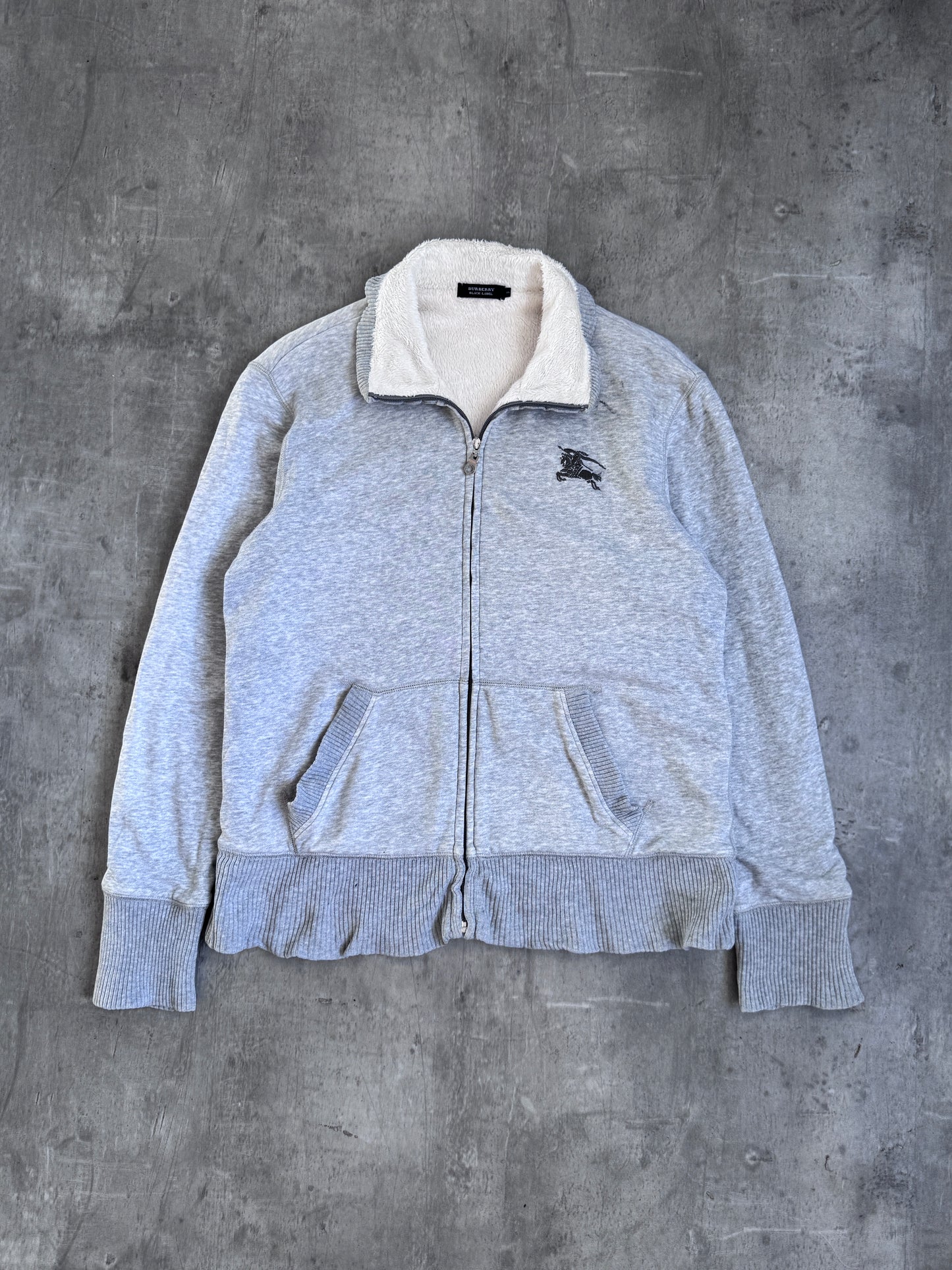 Burberry Black Label Faux Fur Lined Grey Zip Up Sweater