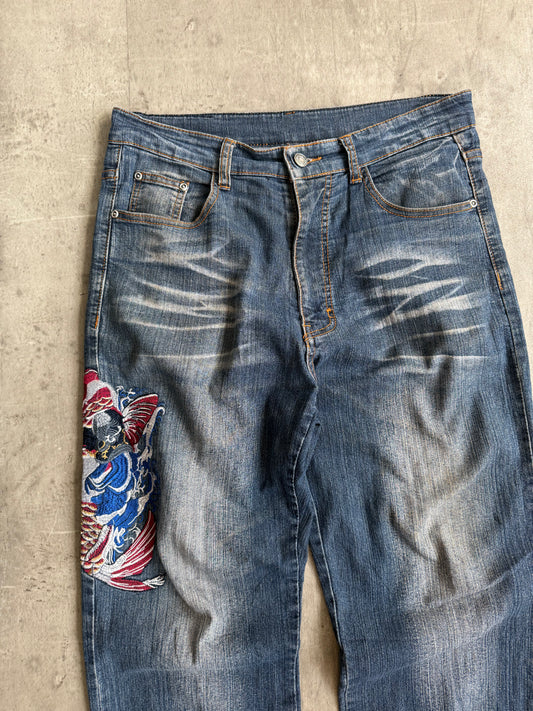 Blue Jeans Japanese Koi Fish Embroidered Denim Jeans