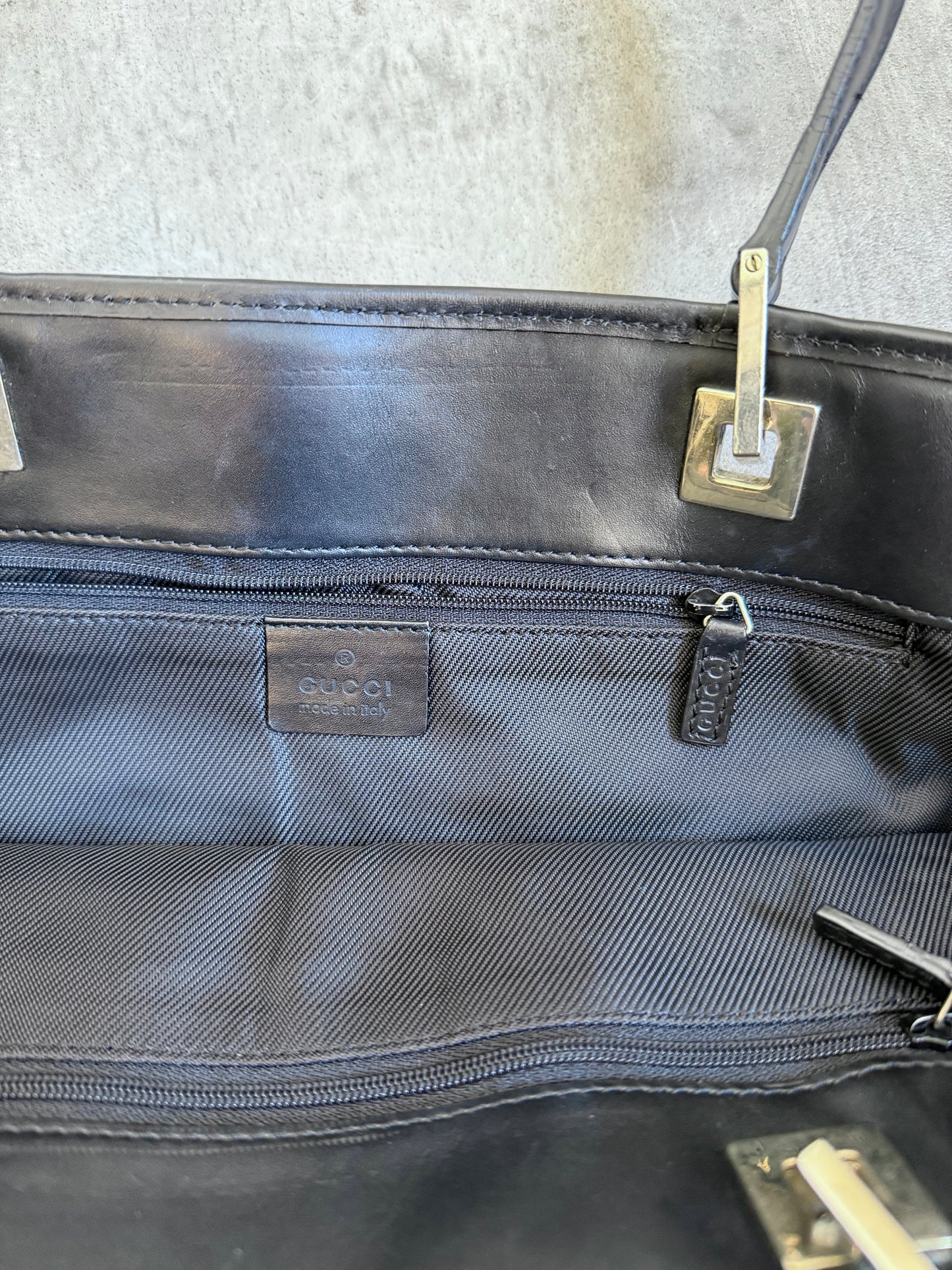 2000 Gucci GG Ebony Monogram Leather Strap Tote Bag