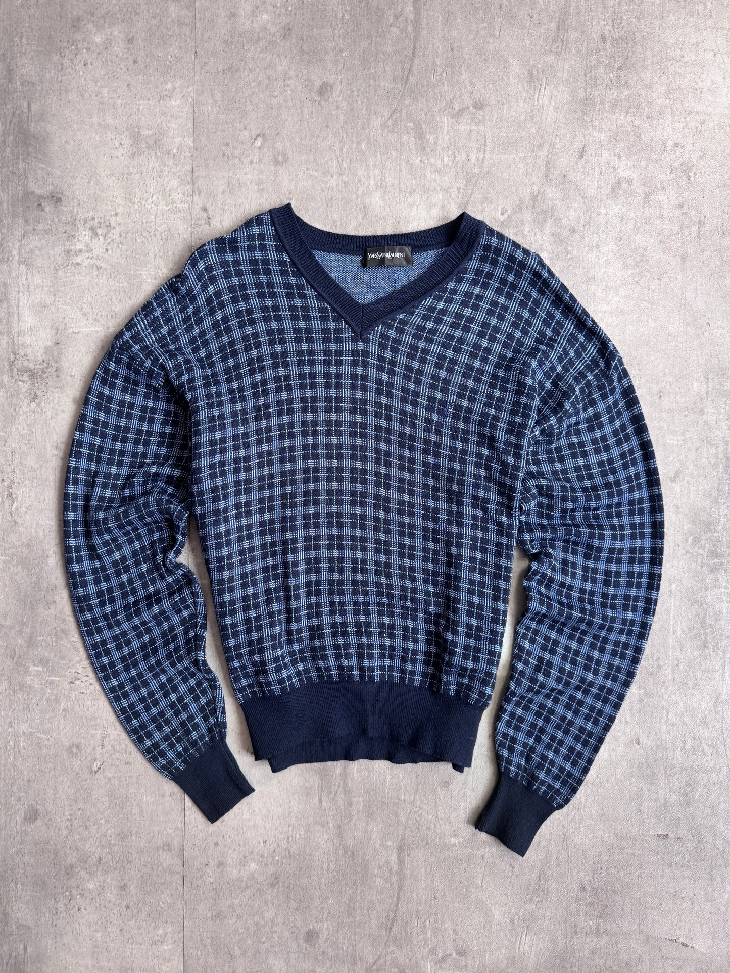 YSL Navy Check V-Neck Sweater