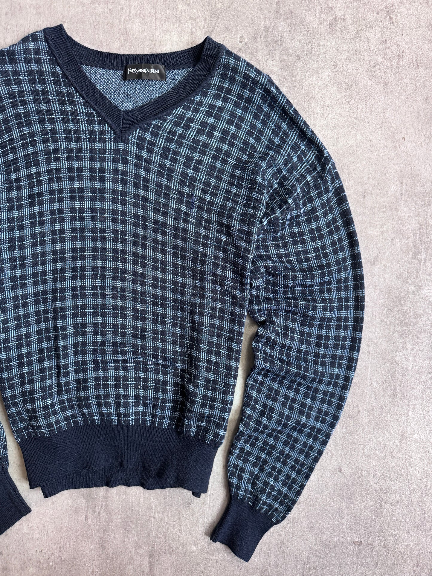 YSL Navy Check V-Neck Sweater