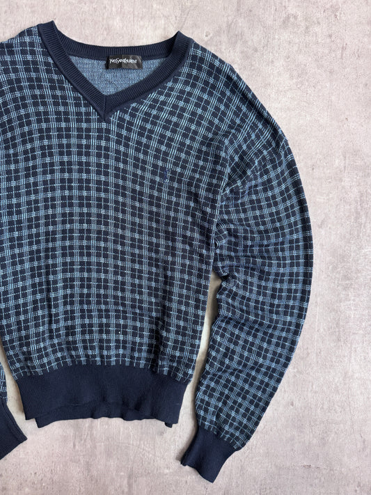 YSL Navy Check V-Neck Sweater