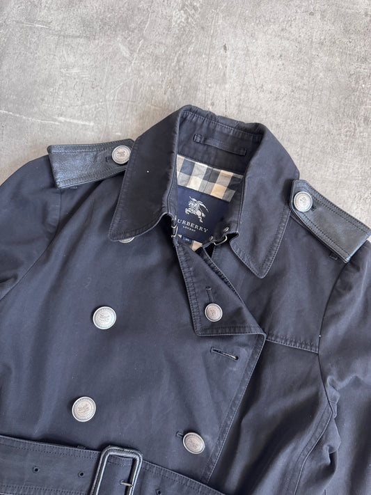 Burberry Nova Check Lined Black Leather Detailed Midi Trench