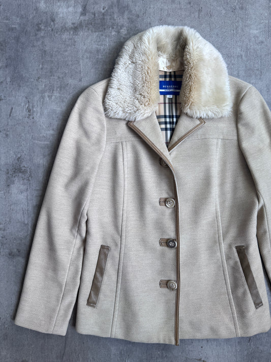 Burberry Blue Label Nova Check Lining With Faux Fur Collar Cream Coat