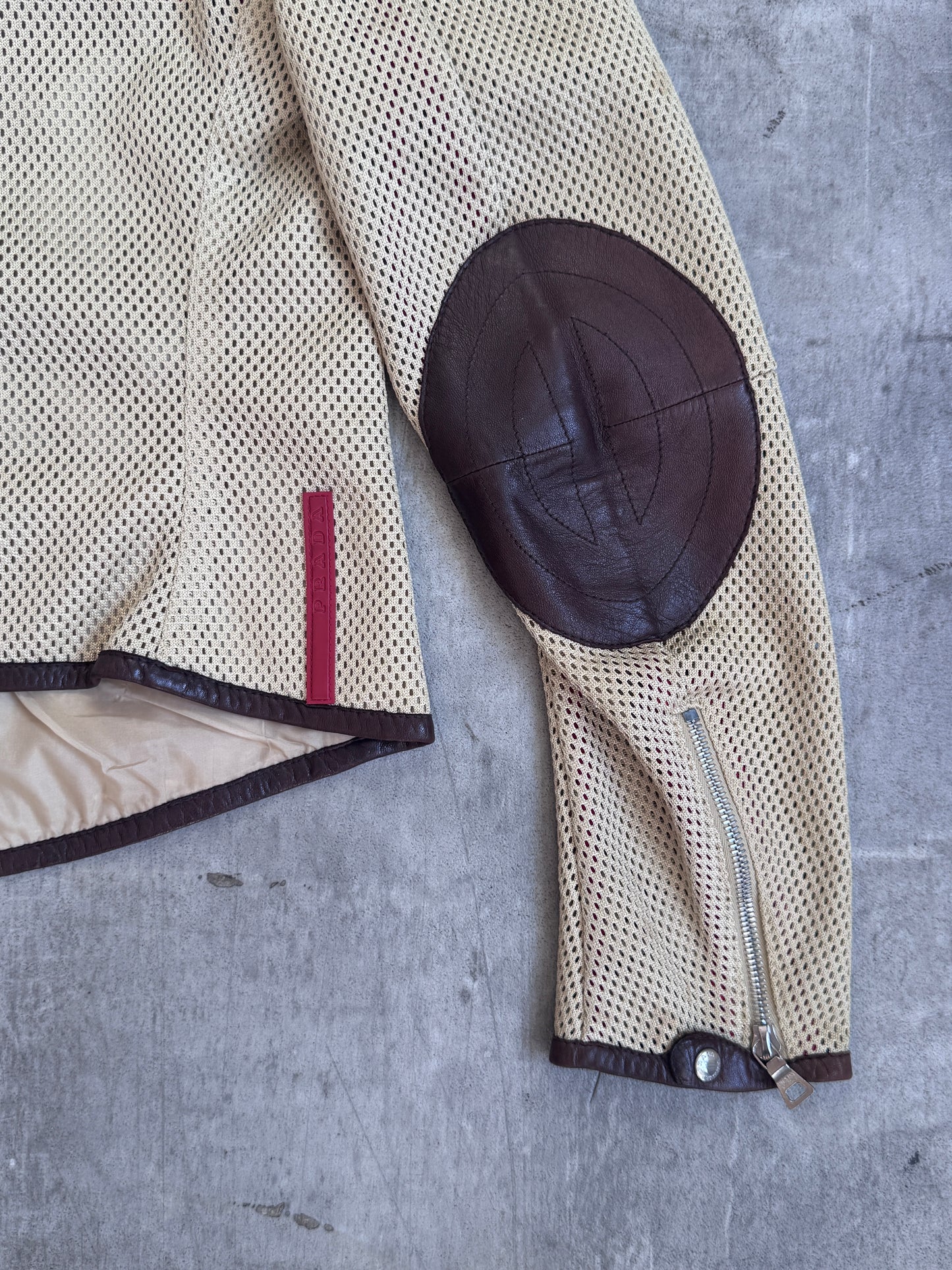 SS 2000 Prada Perforated Mesh Leather Trim Racer Jacket