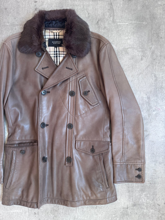 Burberry Fur Collar Double Breasted Leather Coat
