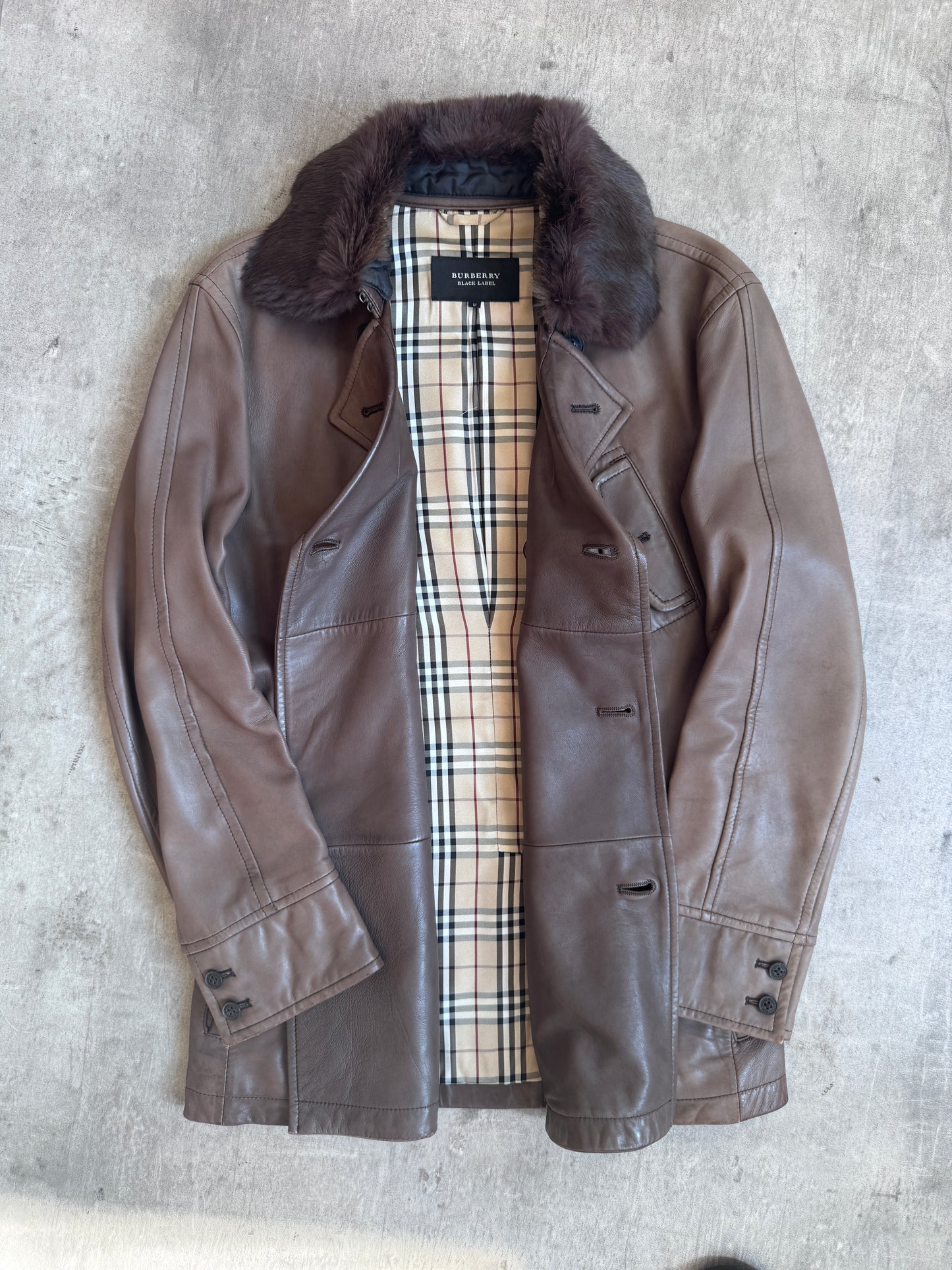 Burberry Fur Collar Double Breasted Leather Coat
